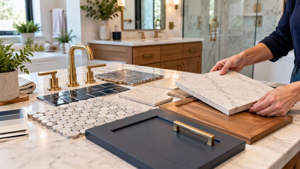 Bathroom tile vanity countertop and fixture materials