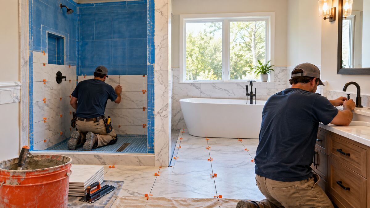 Bathroom remodeling stages with waterproofing tile and fixtures