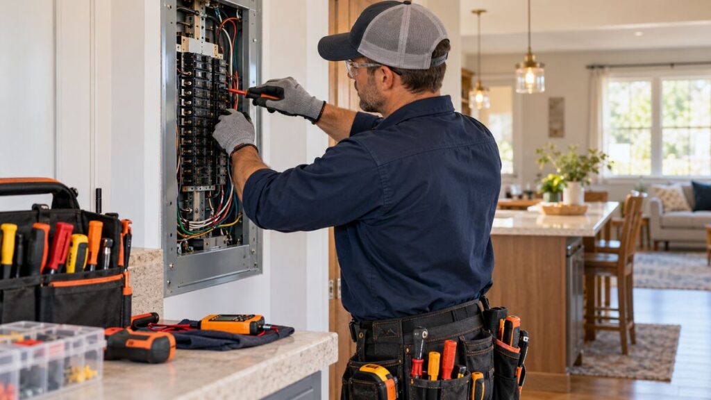 Licensed electrician working at a residential panel