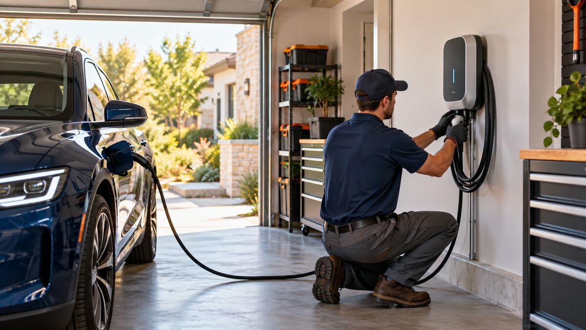Home EV charger installed in a residential garage