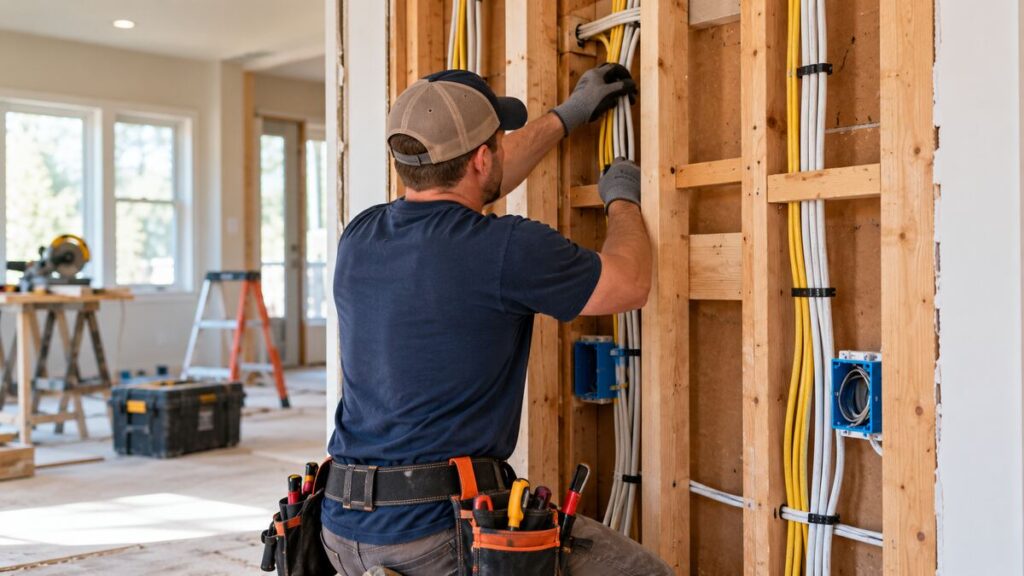 Electrician installing new wiring during a home renovation