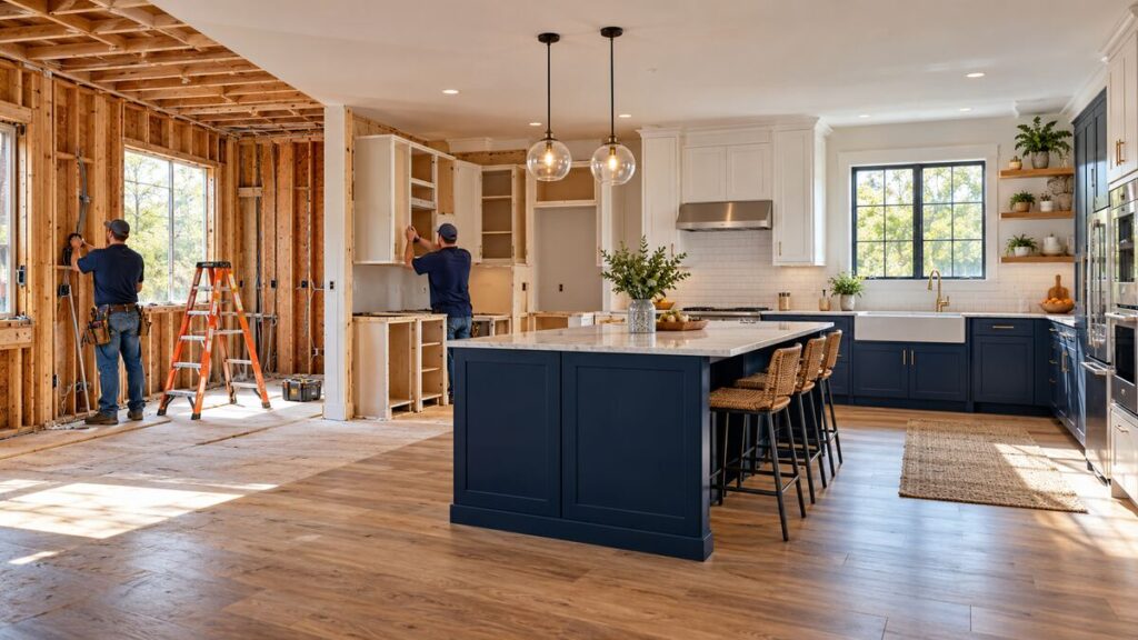 Kitchen renovation stages from construction to finishing