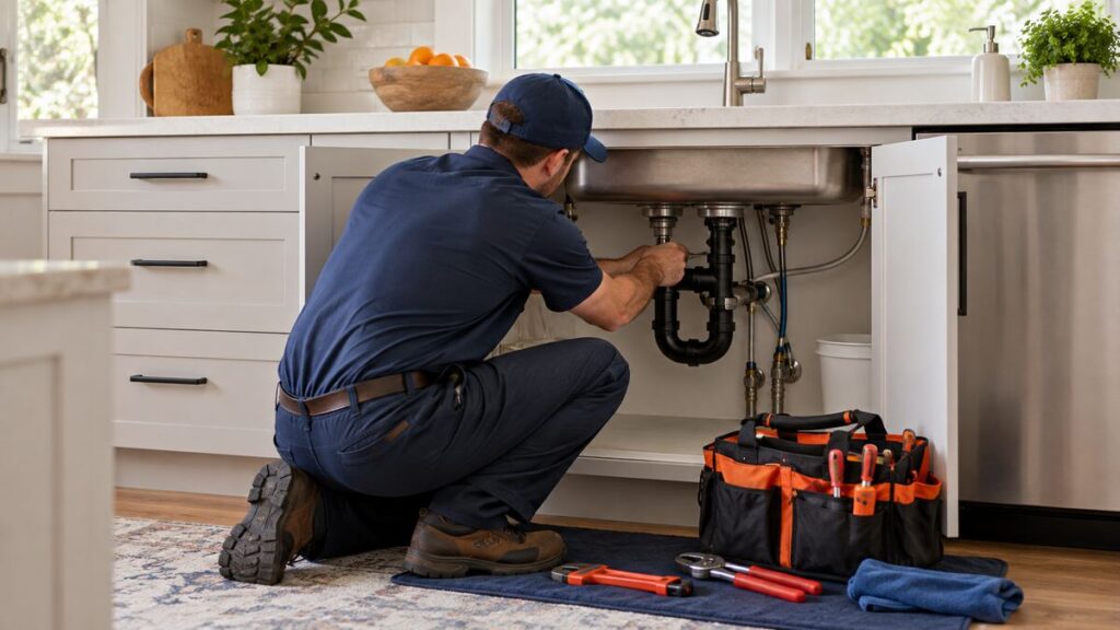 Residential plumber working beneath a kitchen sink