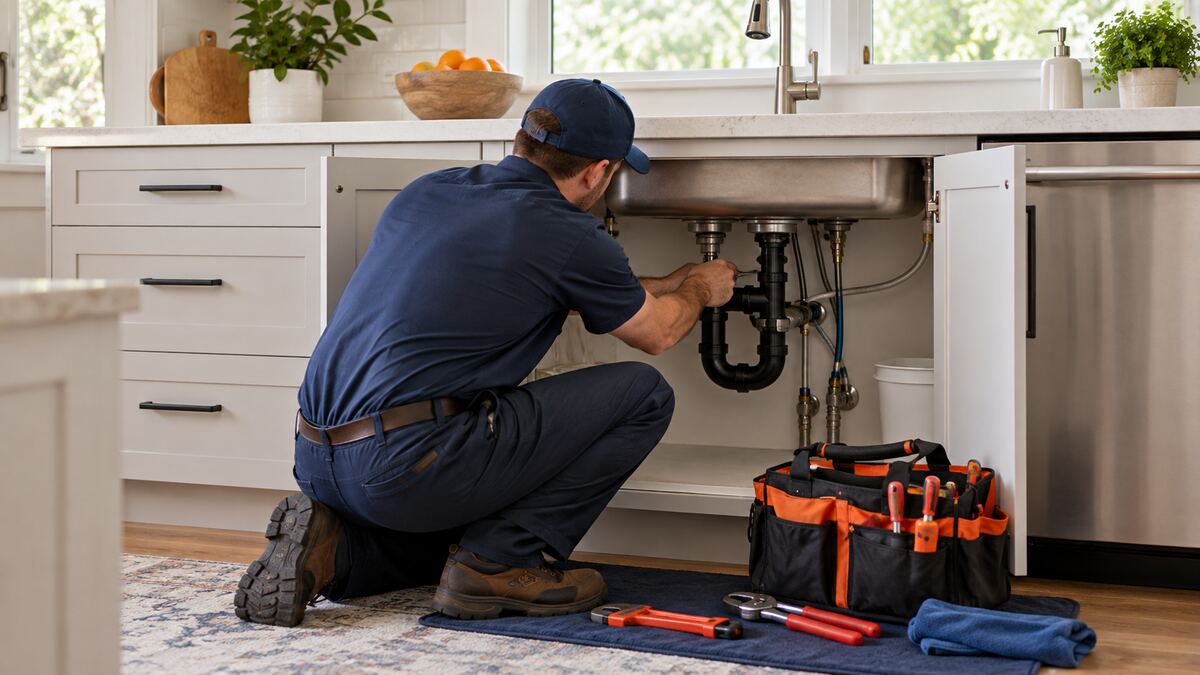 Residential plumber working beneath a kitchen sink