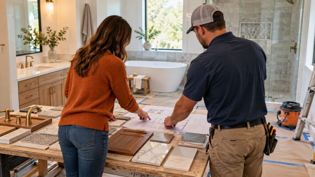Homeowner reviewing bathroom plans with a remodeling contractor