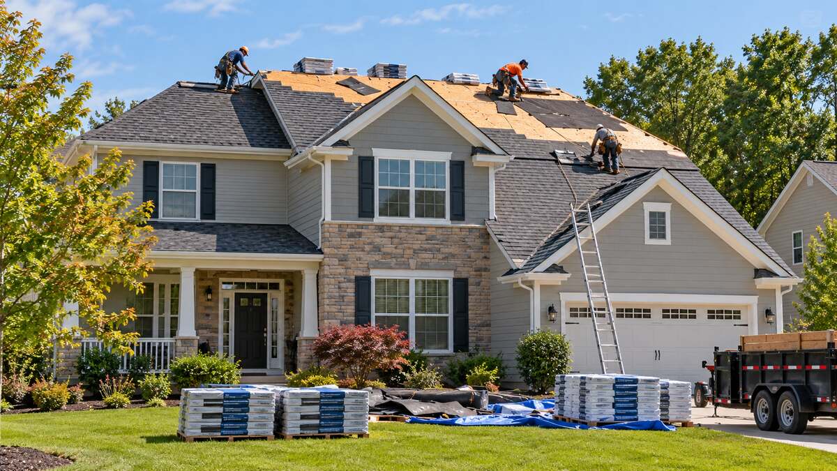 Roof replacement project on a suburban American home