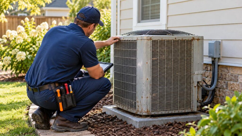Technician inspecting an aging residential HVAC system