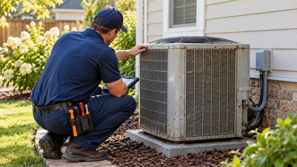Technician inspecting an aging residential HVAC system
