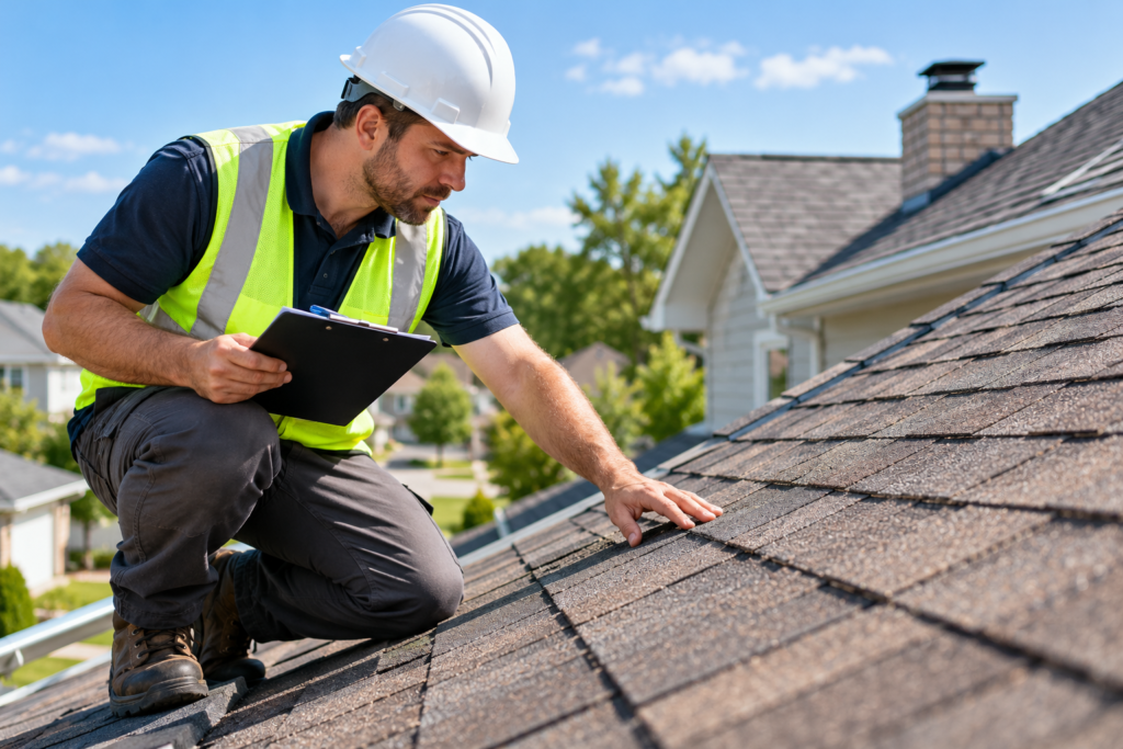Professional roof inspector evaluating a residential roof and documenting findings