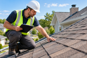 Professional roof inspector evaluating a residential roof and documenting findings